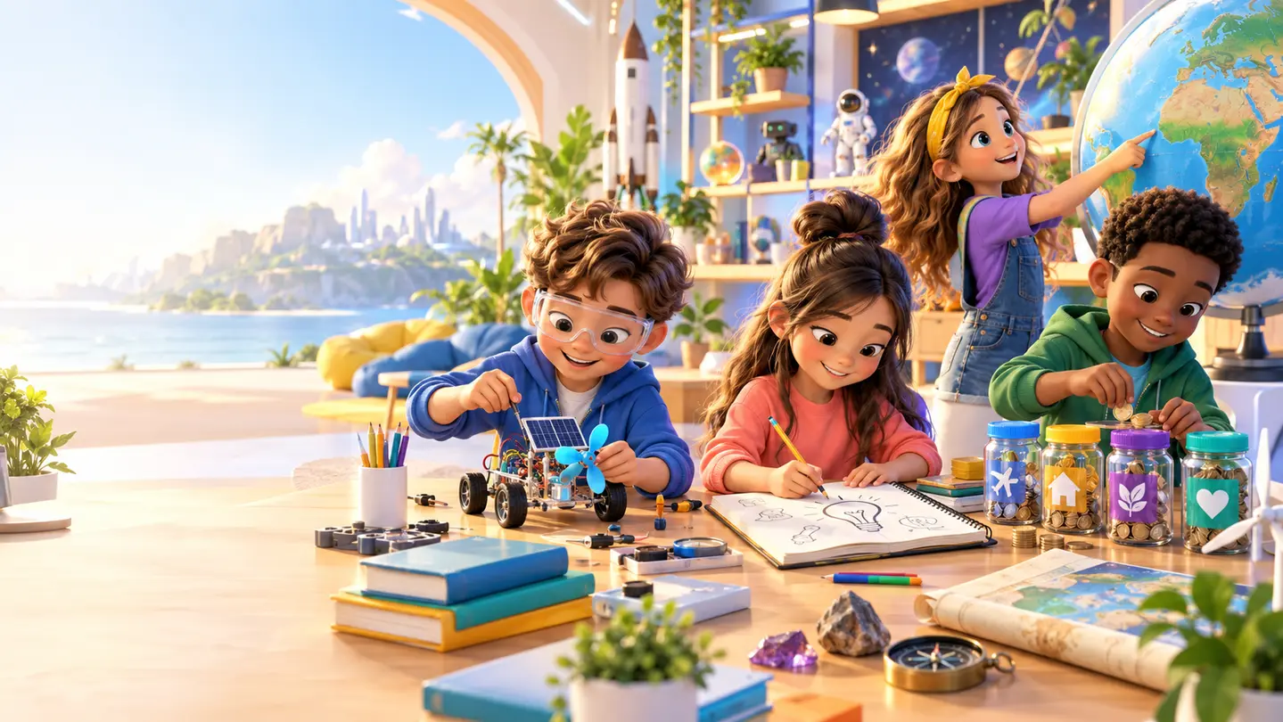 Diverse children exploring Kid Mission Lab challenges together
